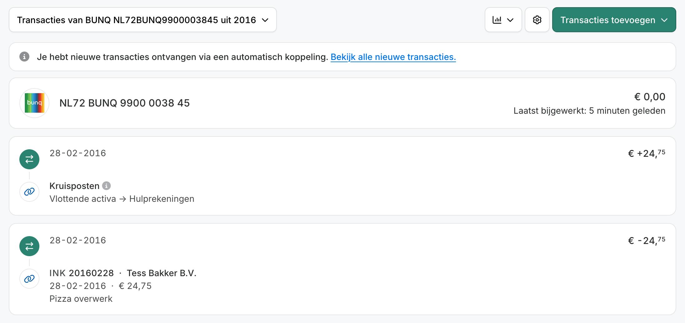 Overzicht nieuwe transacties via koppeling