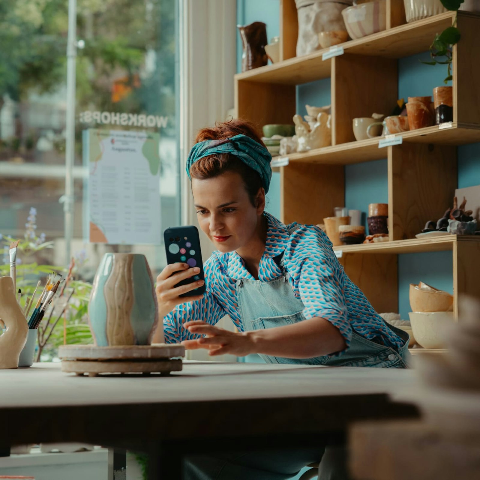 Merel maakt een foto van een vaas om te verkopen via online verkopen in Moneybird