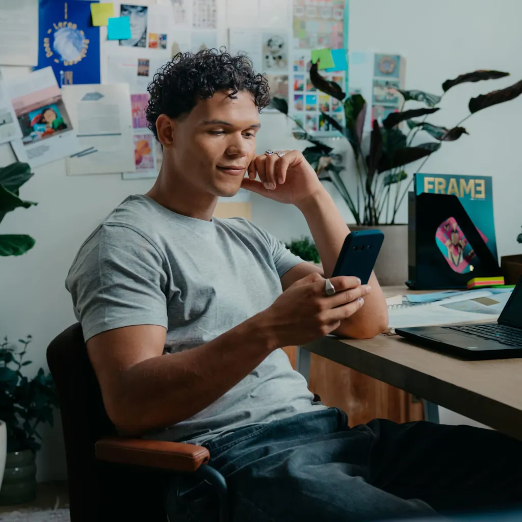 Mees achter zijn bureau met zijn telefoon