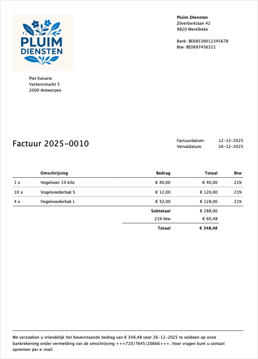 Voorbeeld van een Belgische factuur in Moneybird