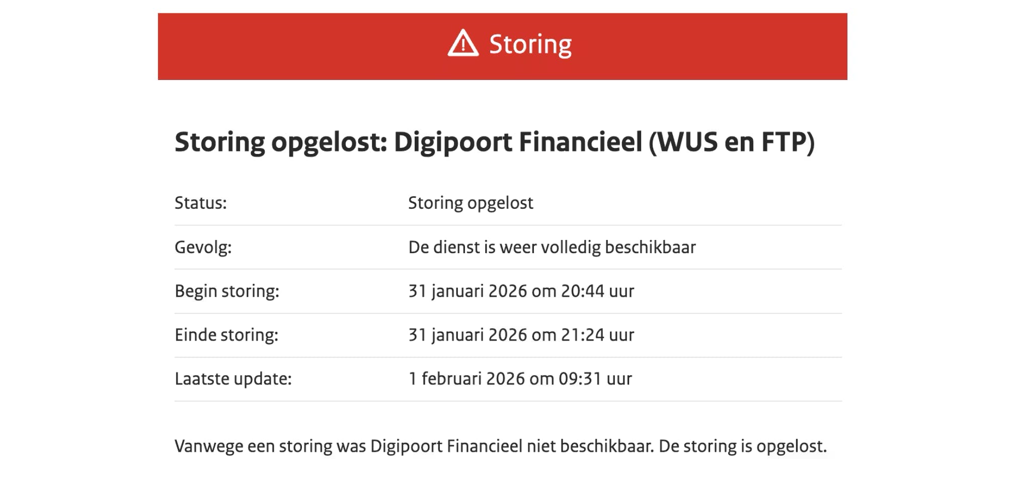 Screenshot melding storing opgelost Digipoort