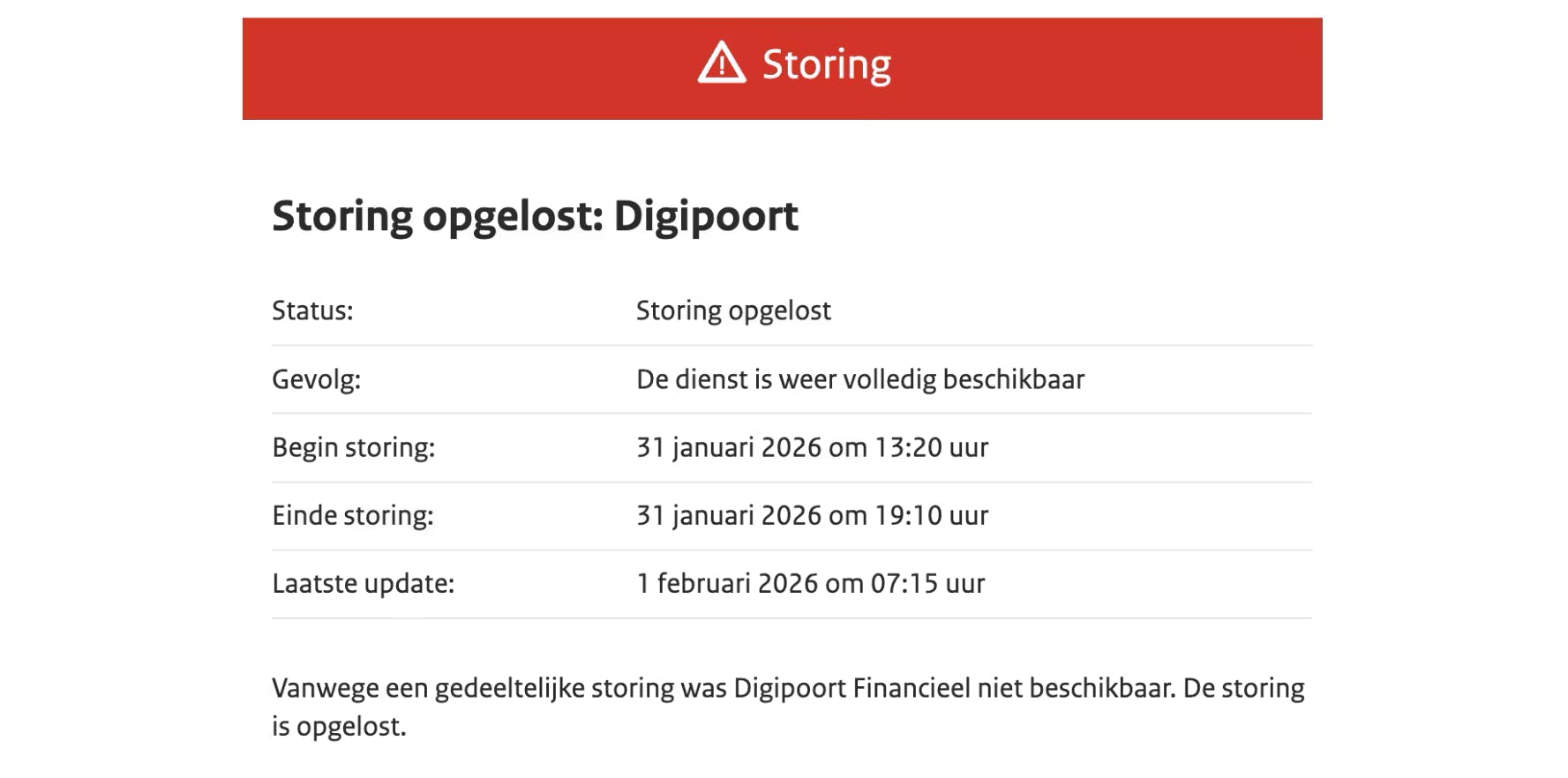 Screenshot van de storingsmelding van Digipoort