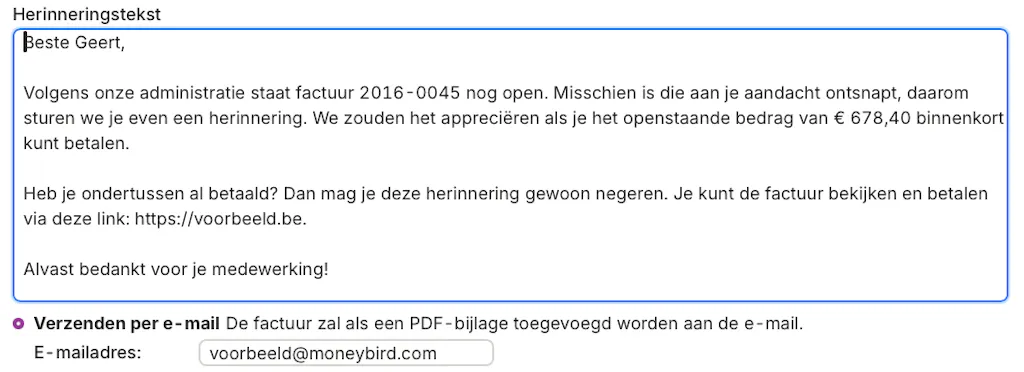 Voorbeeldtekst automatische herinneringen