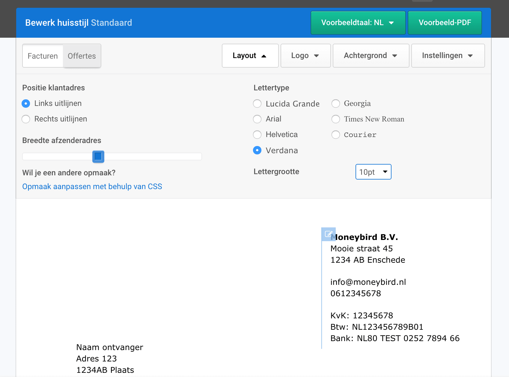 breedte instellen van het afzenderadres