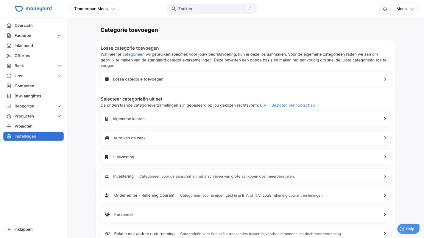 Categorie instellen in Moneybird