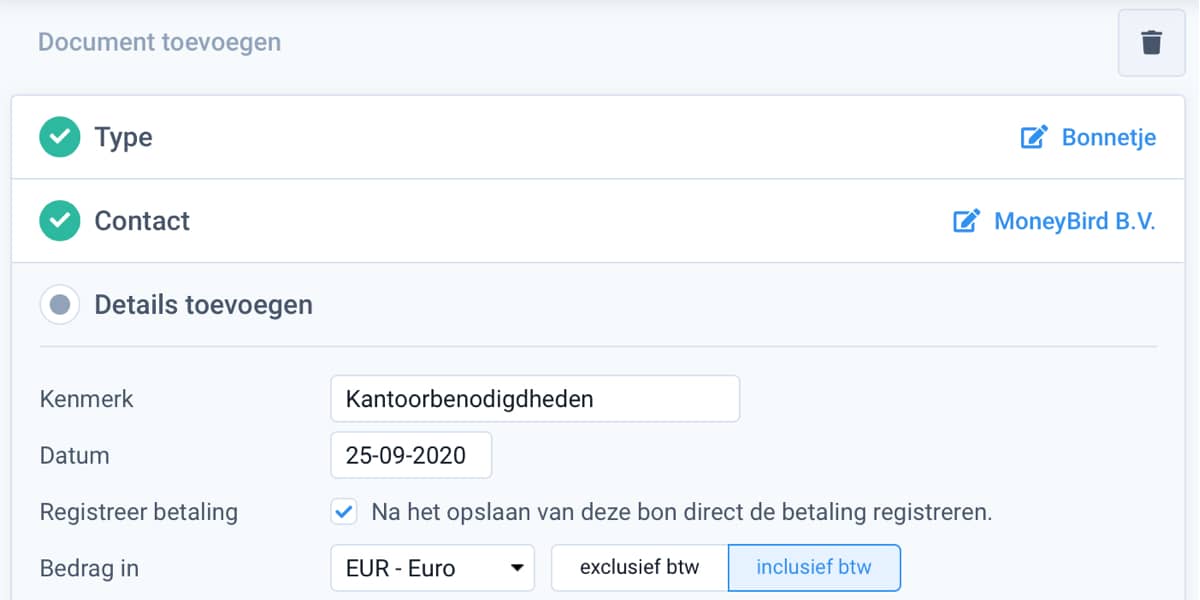 bon toevoegen aan Moneybird