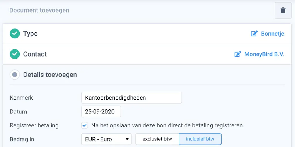 bon toevoegen aan Moneybird