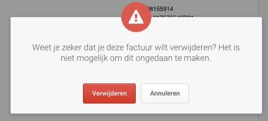 melding bij het verwijderen van een factuur