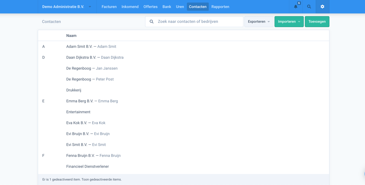 contactenlijst in Moneybird