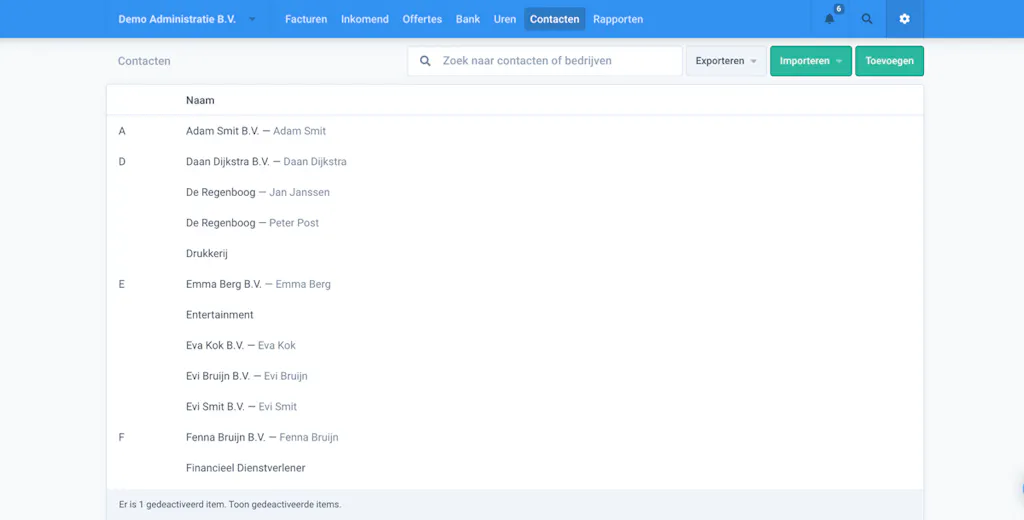 contactenlijst in Moneybird