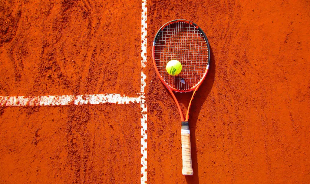 een tennisracket met een tennisbal op een baan