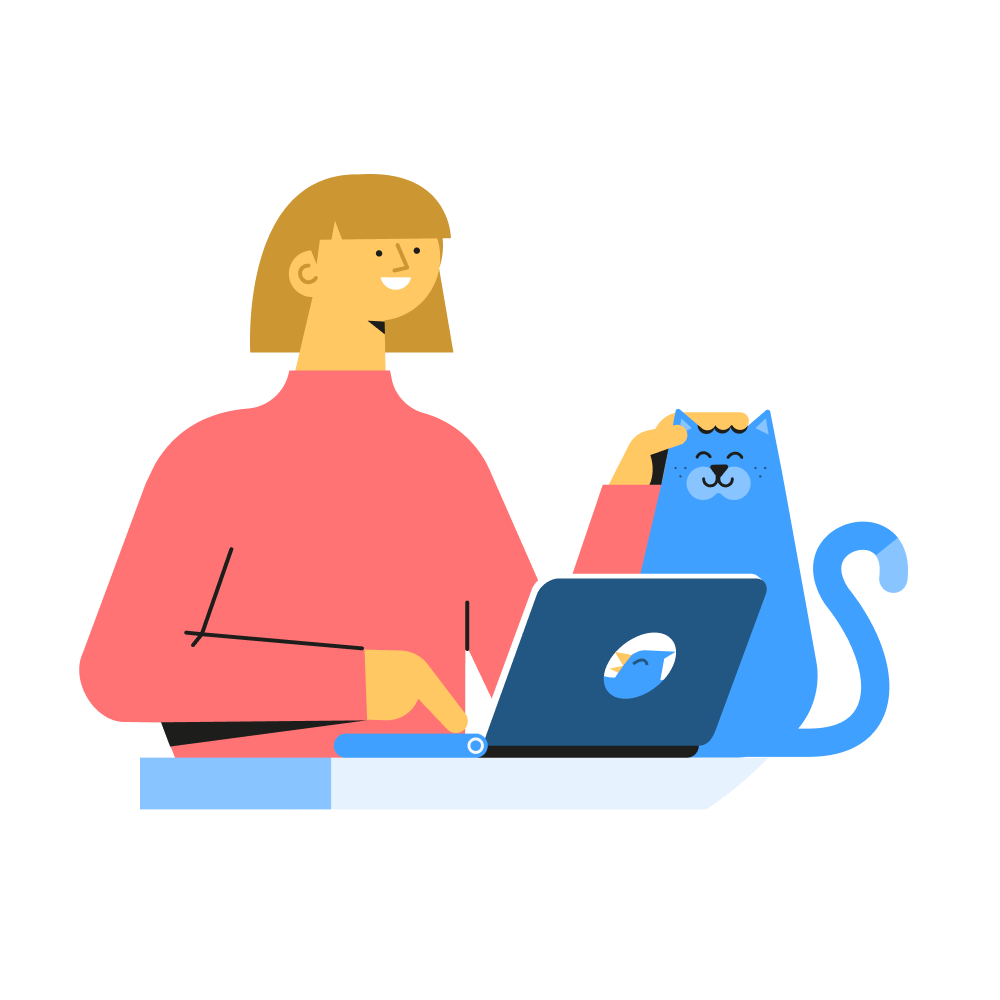 Illustratie vrouw achter laptop met poes op bureau