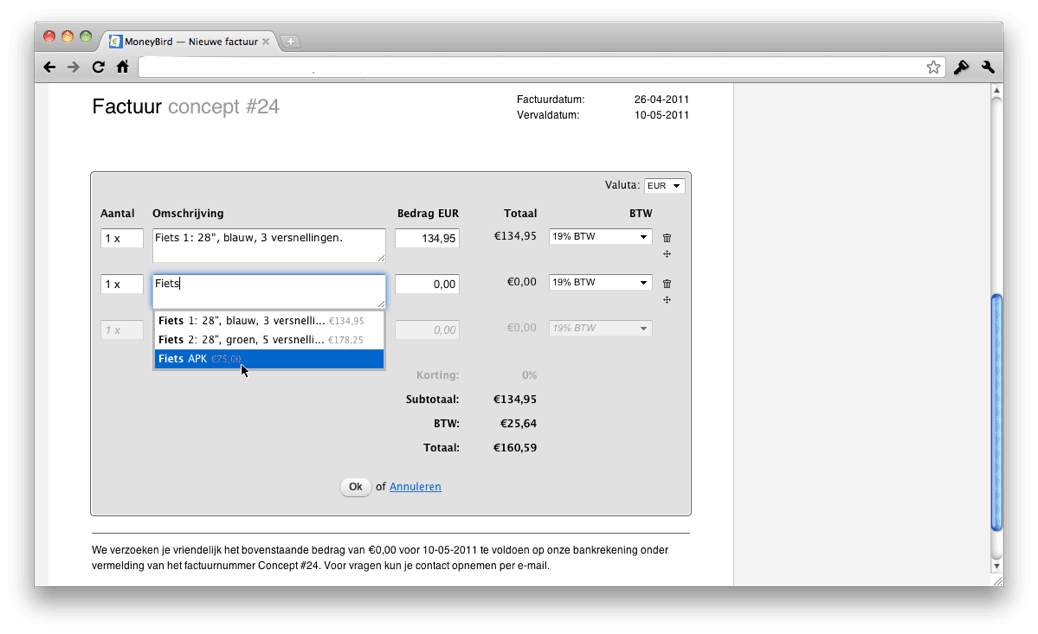 Product toevoegen op factuur