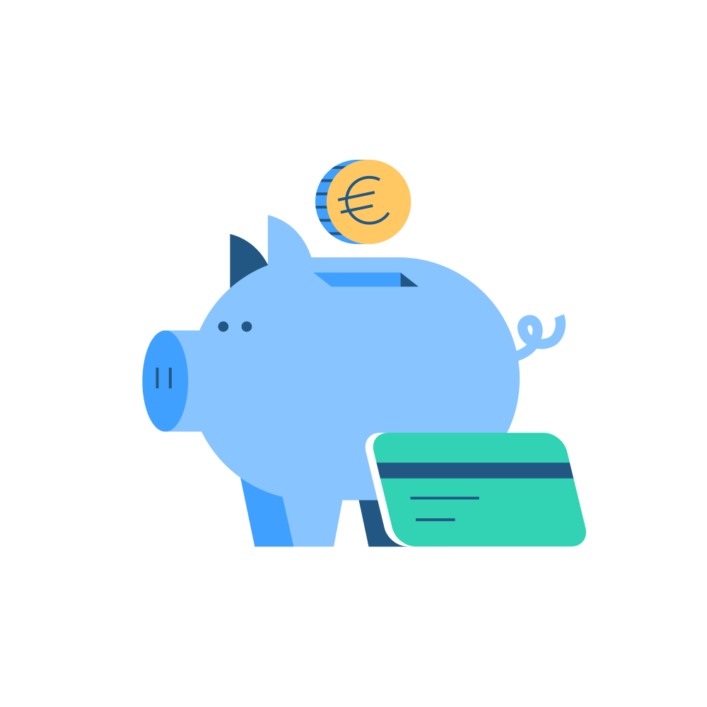 Illustratie spaarvarken met bankpas en muntgeld
