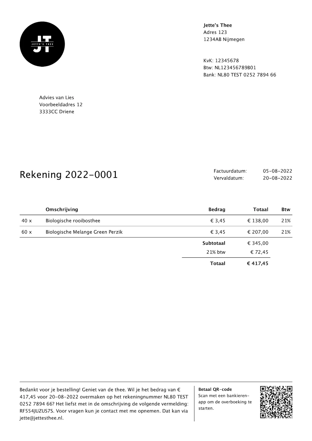 Voorbeeld van een factuur in Moneybird