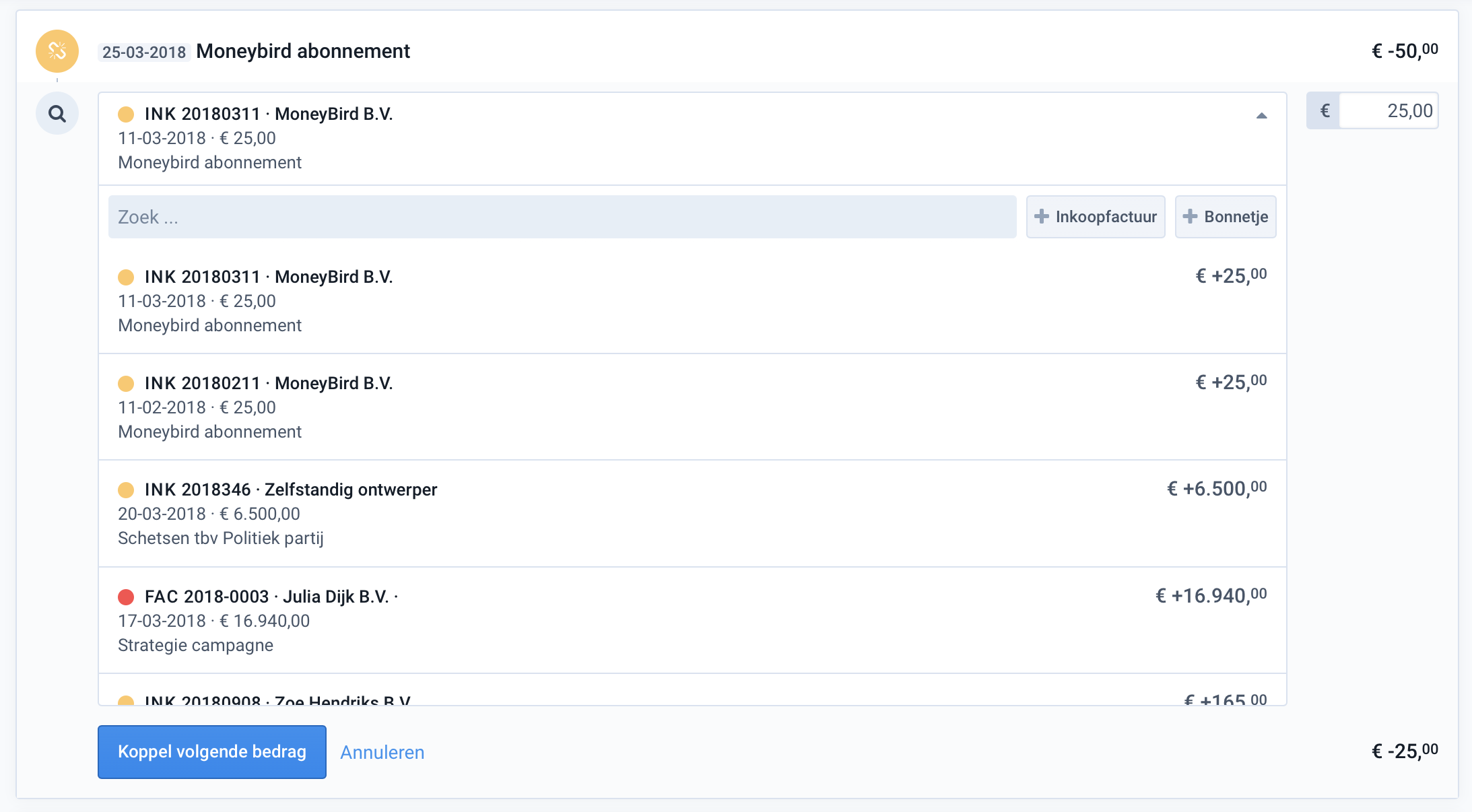 Popup bij het verwerken van transacties