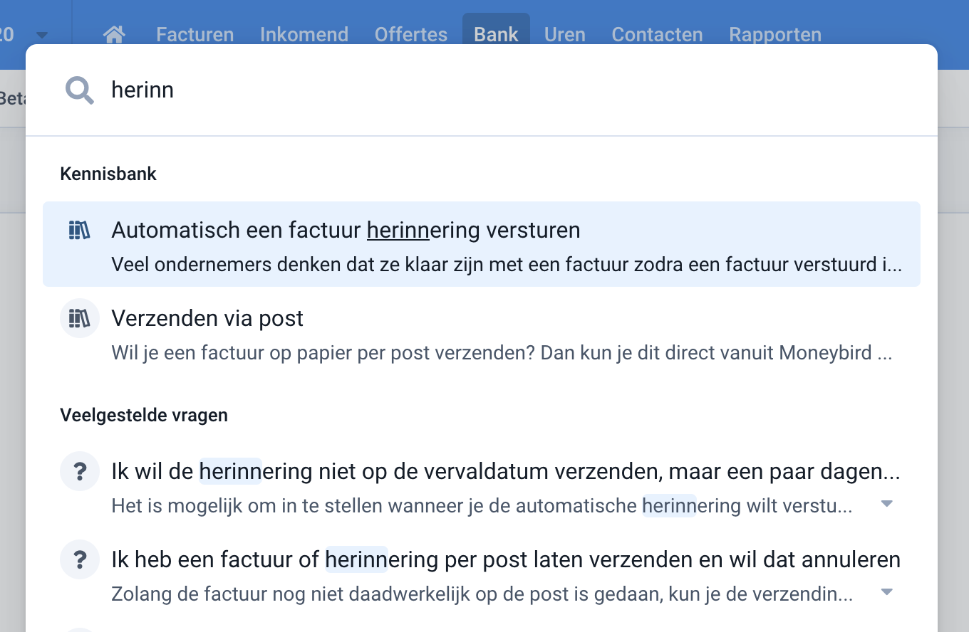 Kennisbank in het zoekmenu