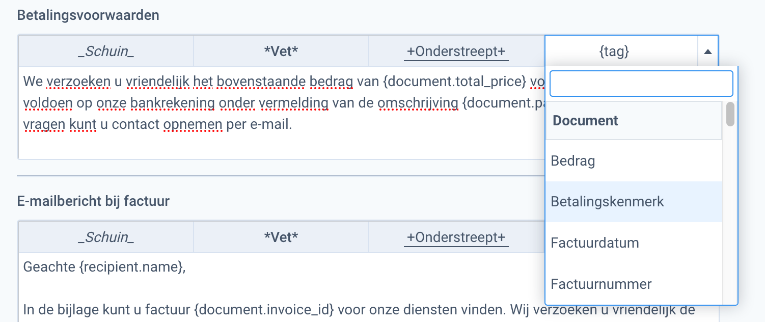 Gestructureerd betalingskenmerk in de voettekst