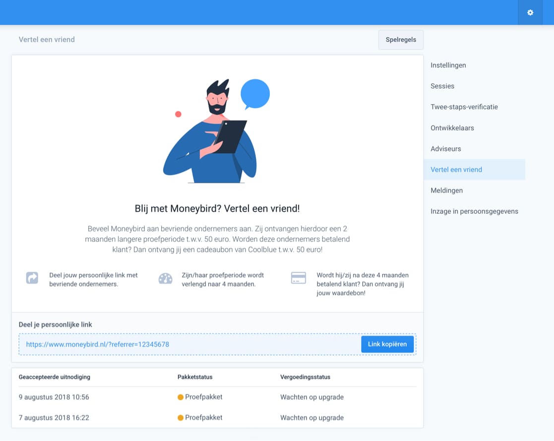 Vertel een vriend pagina in Moneybird