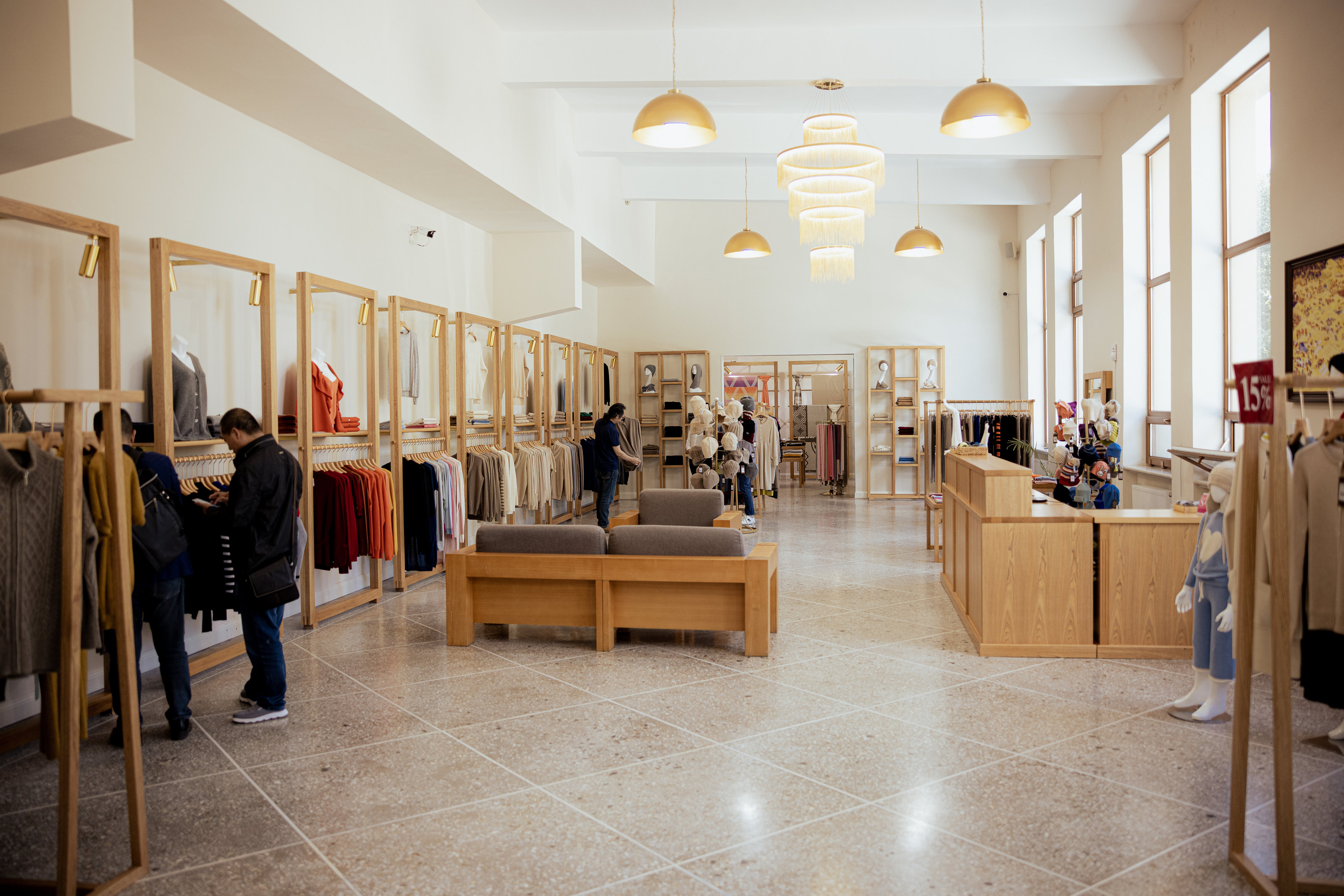 Retail interior with folded textile products.