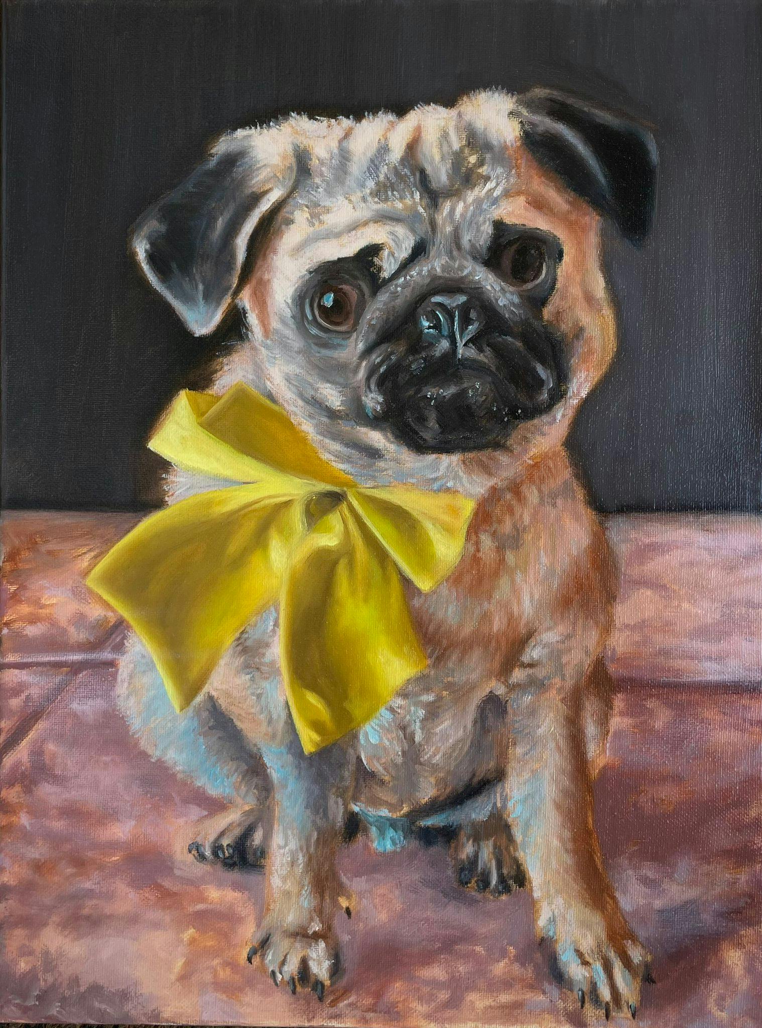 painting of a pug with a yellow bow 