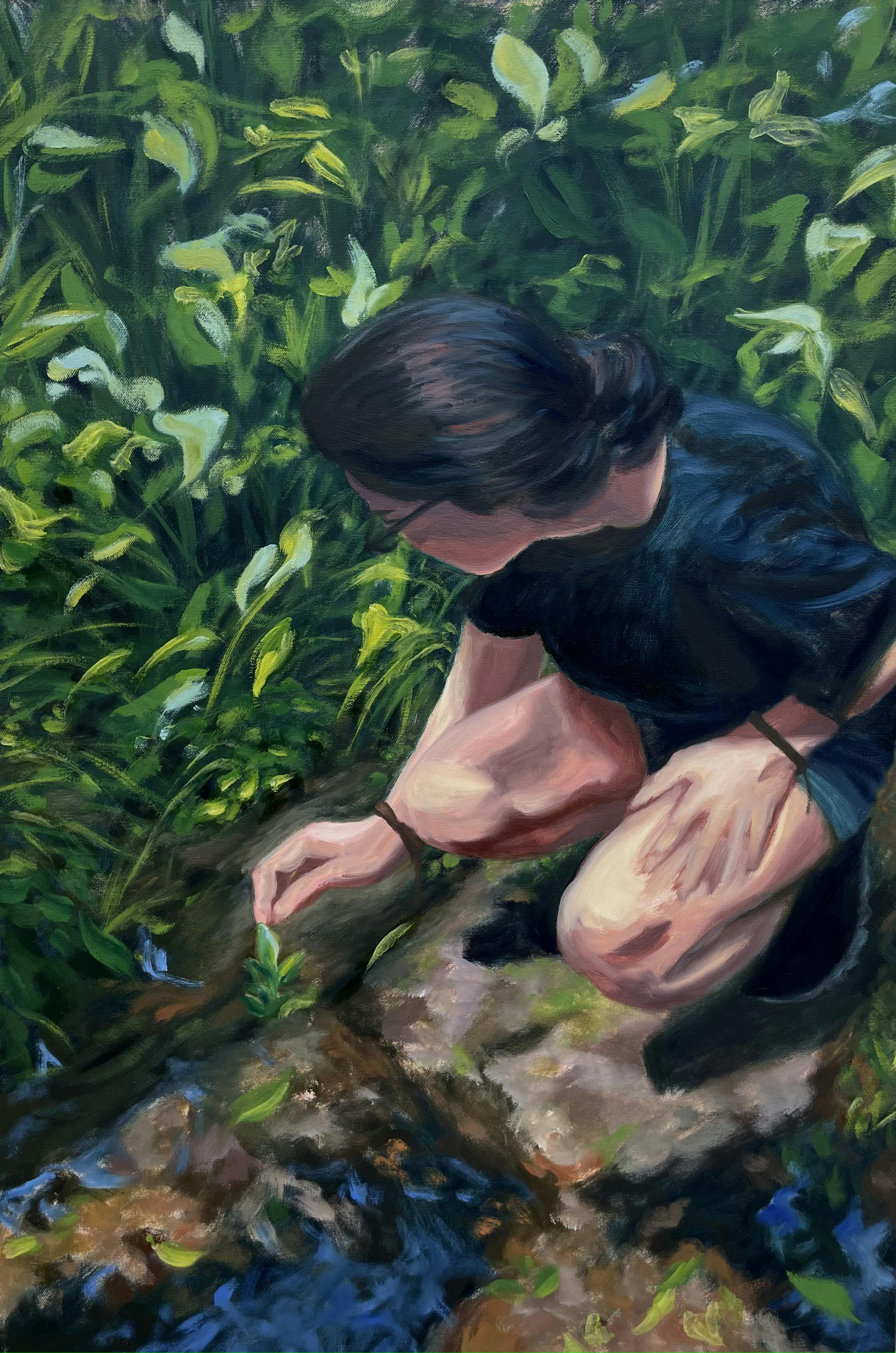 painting of girl crouching over a puddle touching plant surrounded in foliage