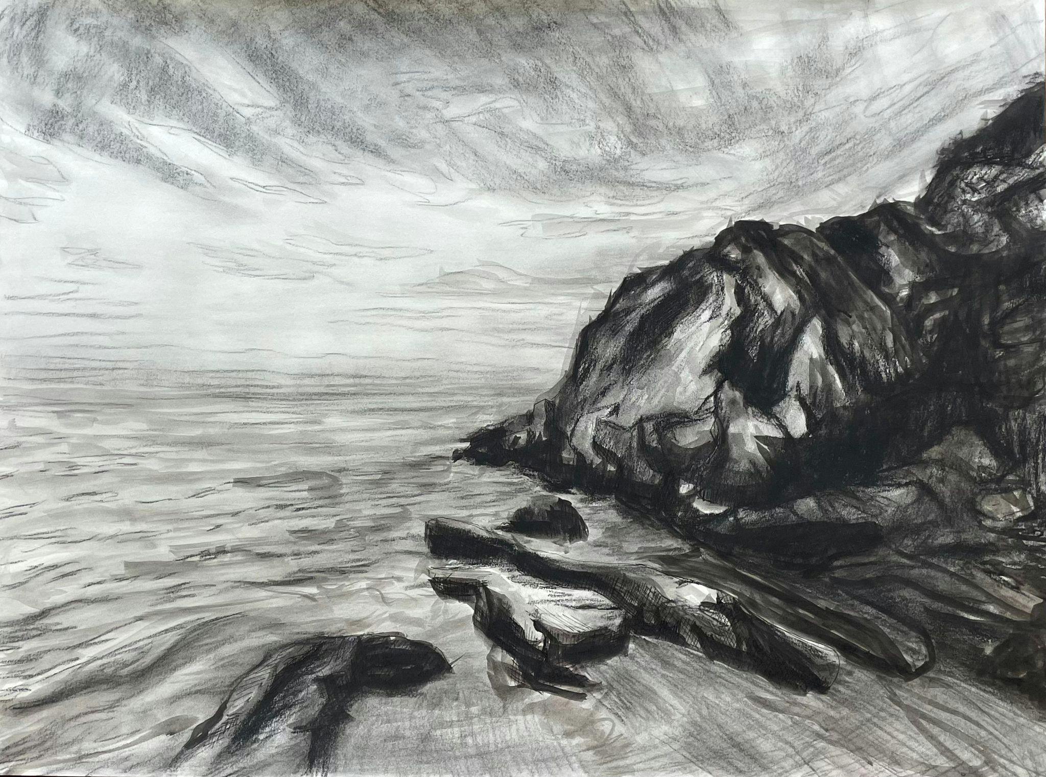 black and white drawing of a tide and rock formation 
