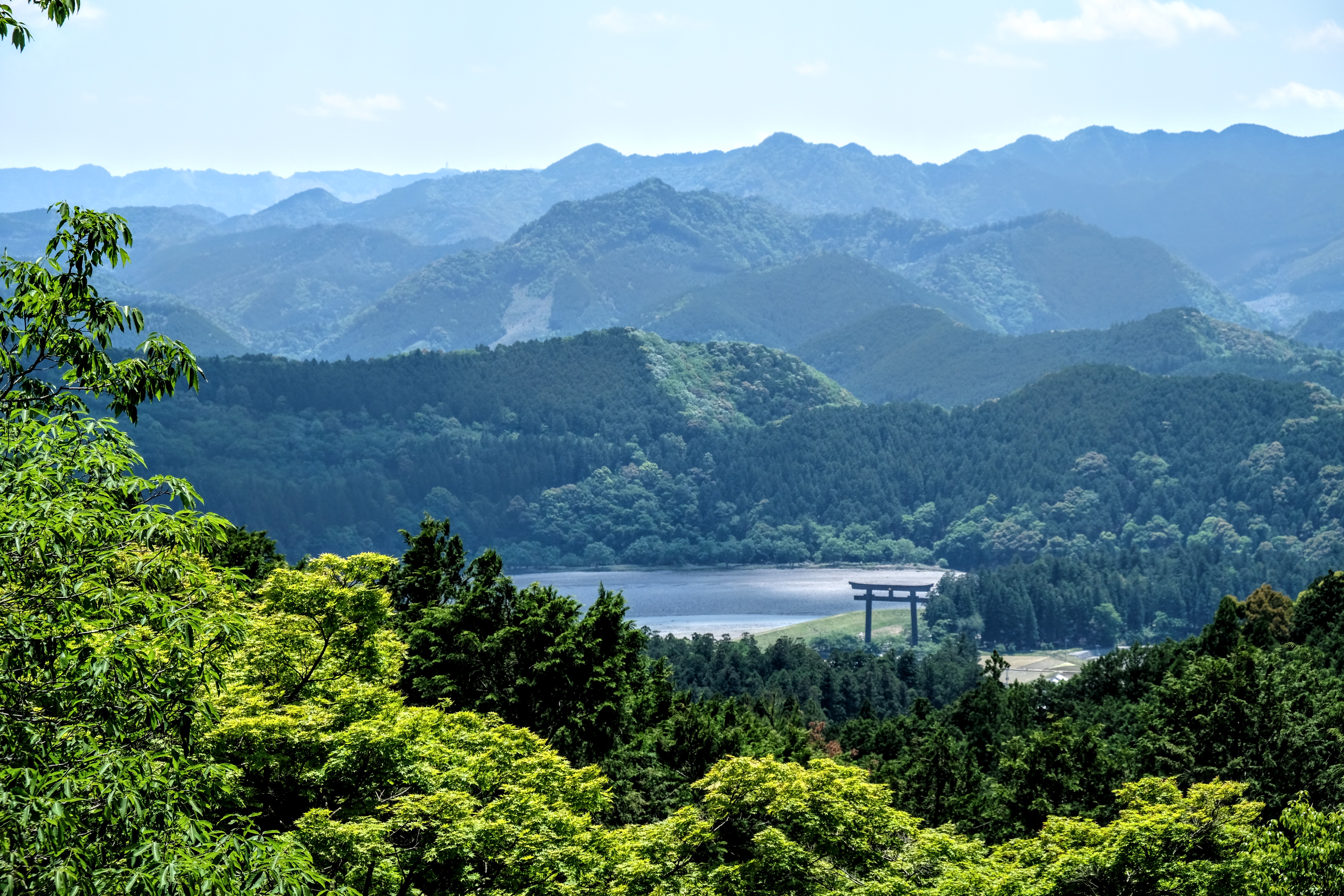 A view of the large torii gate of the Kumano Kodo pilgrimage in the Kansai region of Japan