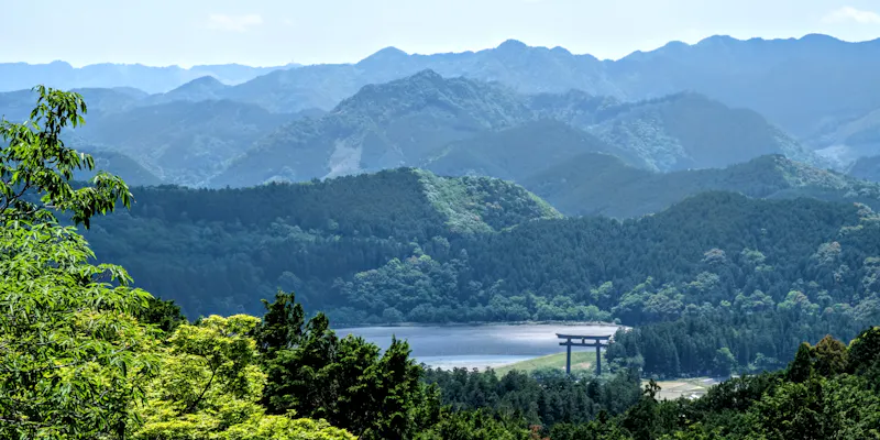 A view of the large torii gate of the Kumano Kodo pilgrimage in the Kansai region of Japan