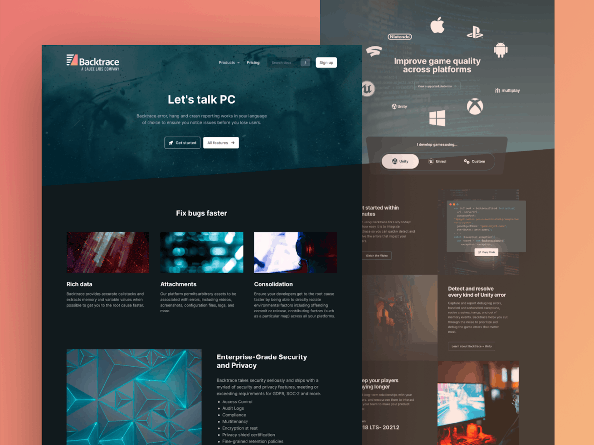 Backtrace website technology pages