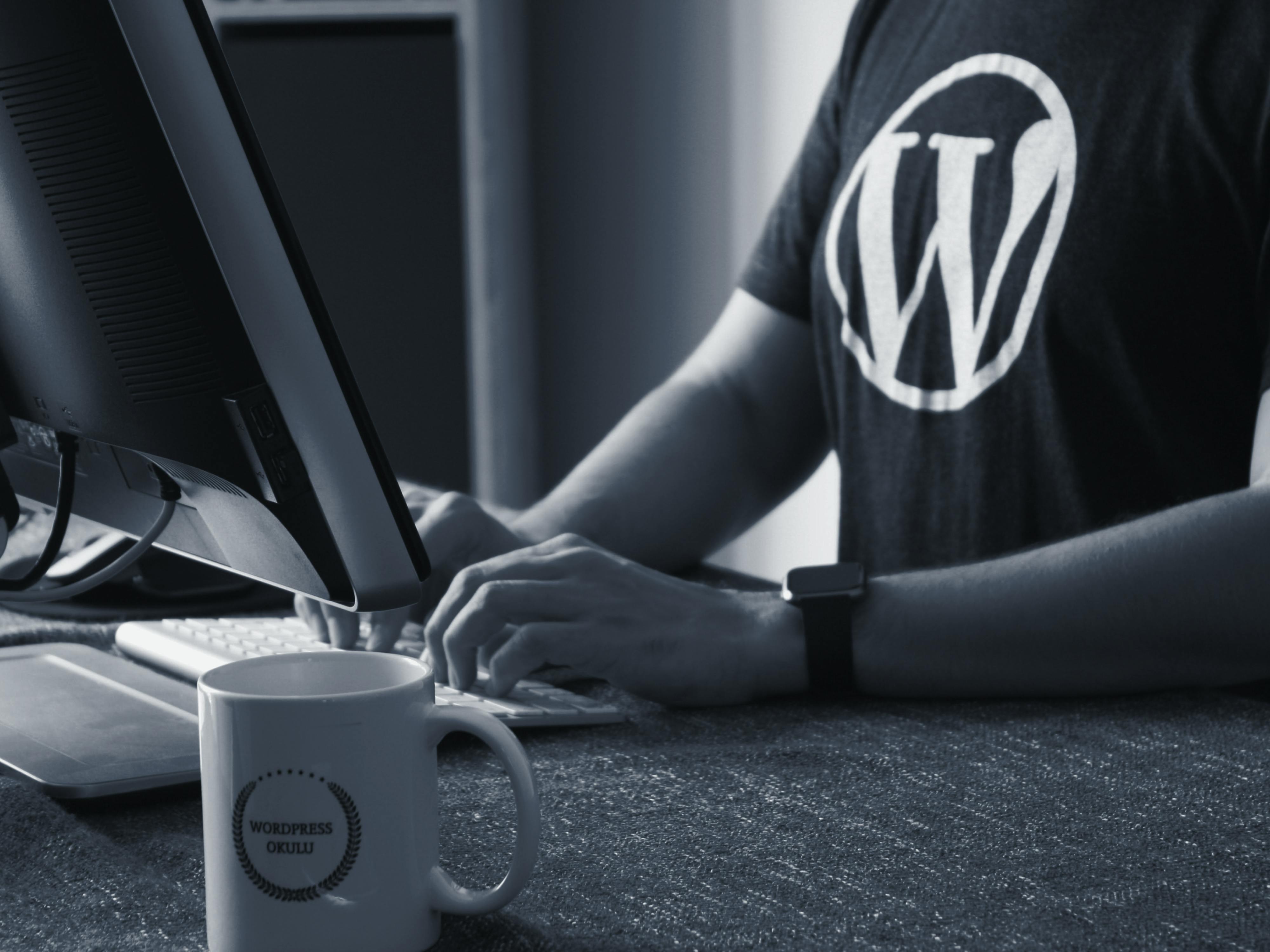 Man wearing a Wordpress T-Shirt working on a computer