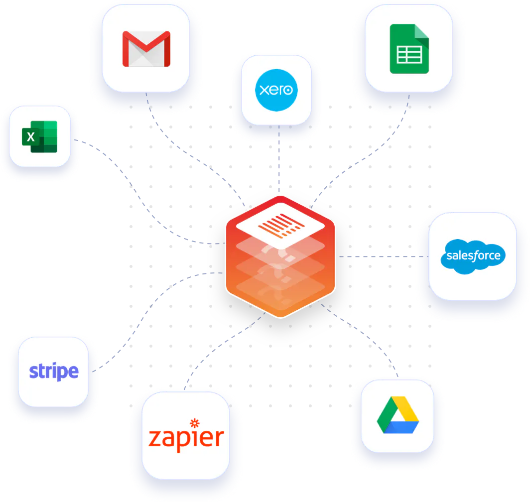 Connect Monstock zu viele Software-Anwendungen (Excel, Google Mail, Xero, Google Sheets, Salesforce, Google Drive, Zapier, Streifen, und viele andere).