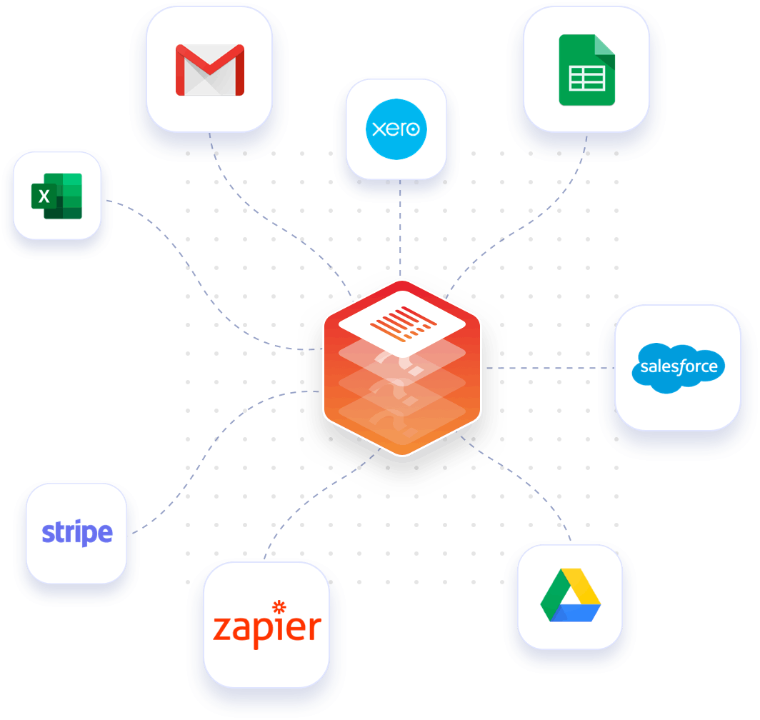 Connect Monstock многих программных приложений (Excel, Gmail, Xero, Google Sheets, Salesforce, Google Drive, Zapier, Stripe, и многие другие).
