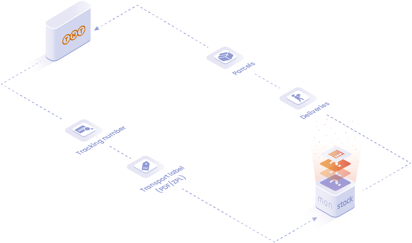 Objects and data handled in the TNT integration: packages, deliveries, transport label, tracking number.