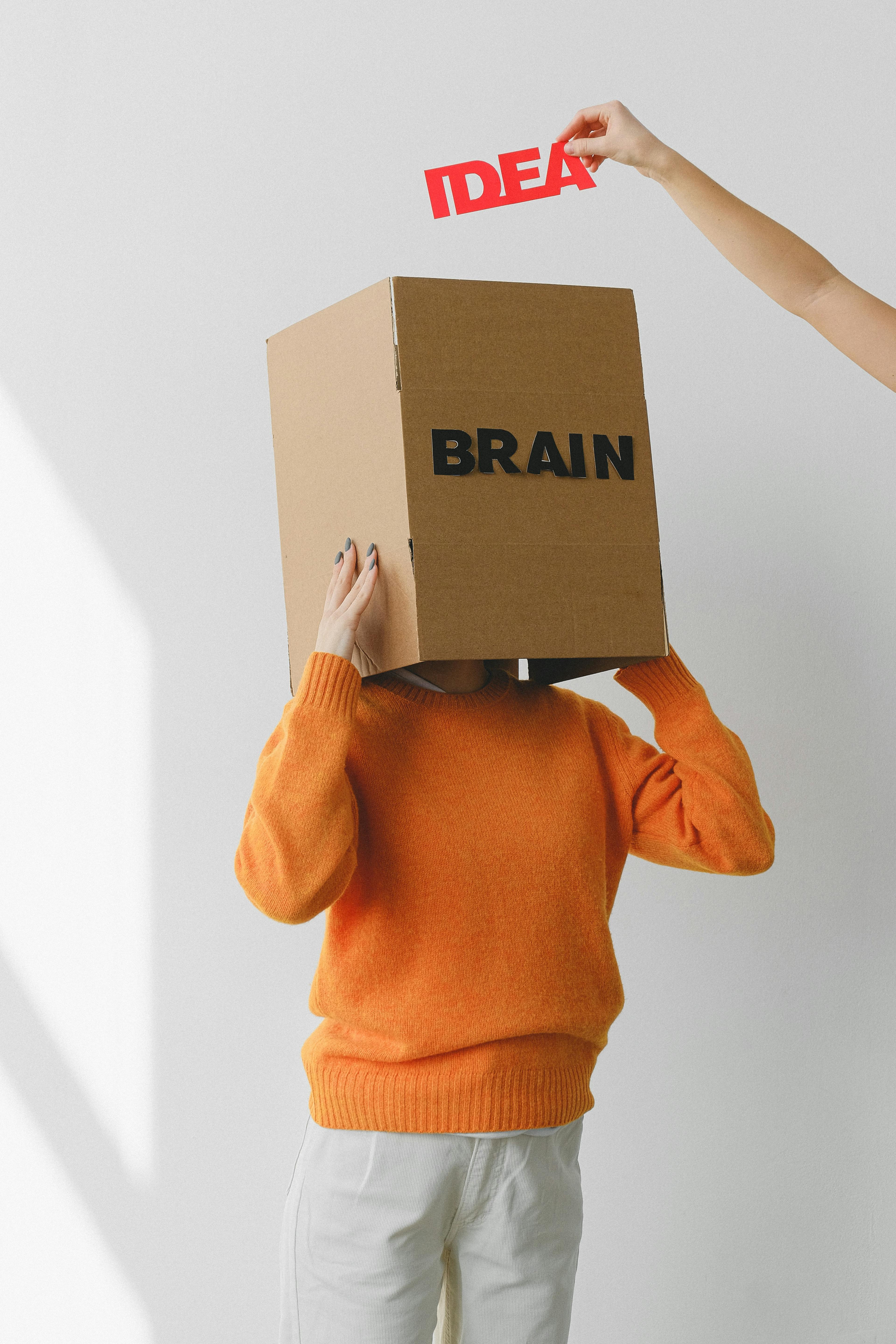 Karton auf dem Kopf mit Aufschrift "Brain" und Schild "Idee" darüber