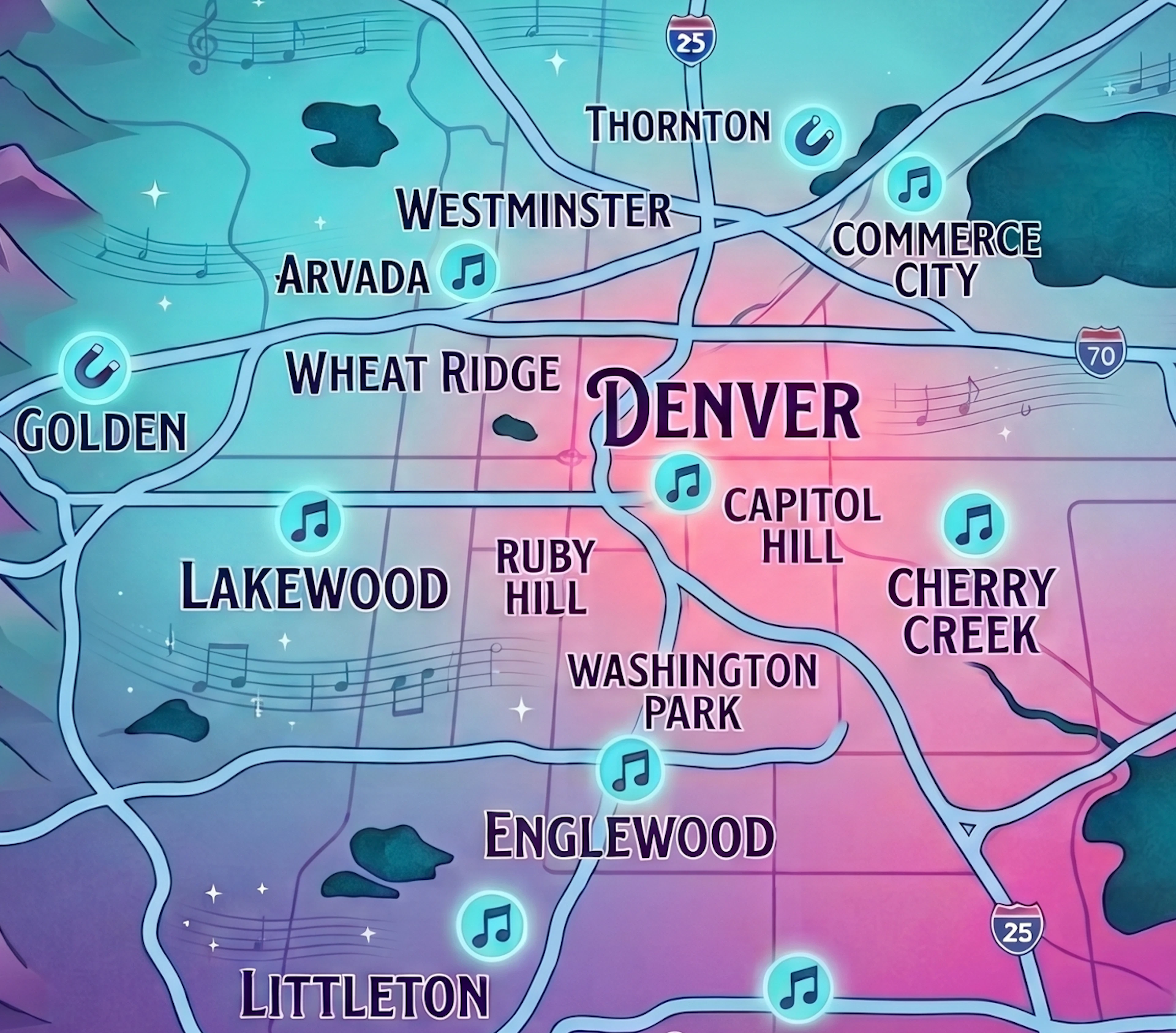 Moon Magnet Music School in-home music lessons service area map covering Denver, Cherry Creek, Washington Park, Lakewood, Englewood, Arvada, and Wheat Ridge