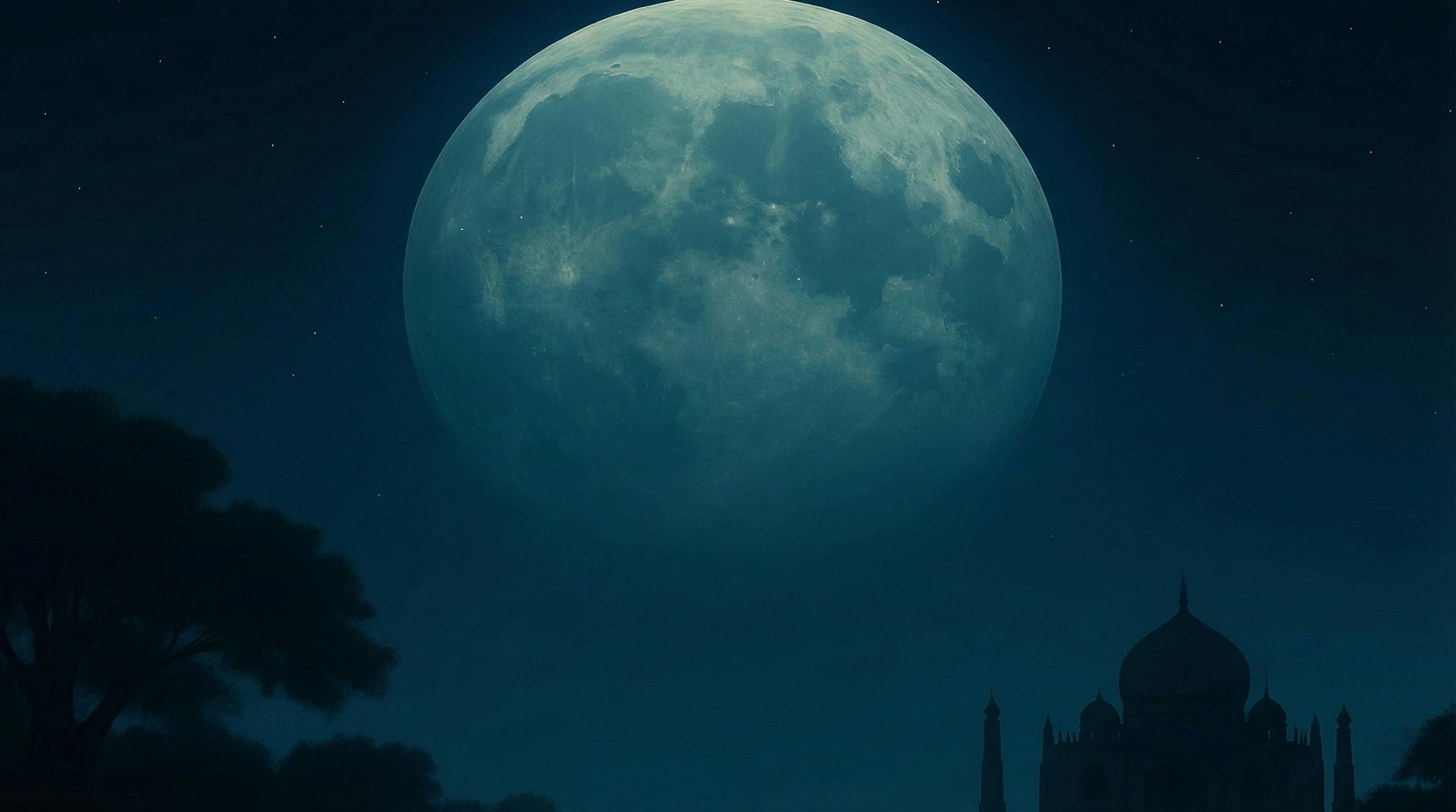 The moon and the Taj Mahal in the background
