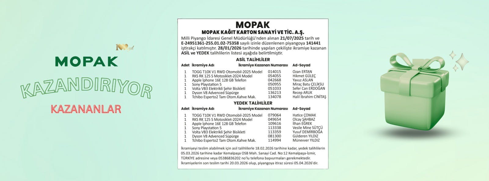 Mopak Kazandırıyor Kampanyamızın Kazananları Belli Oldu!