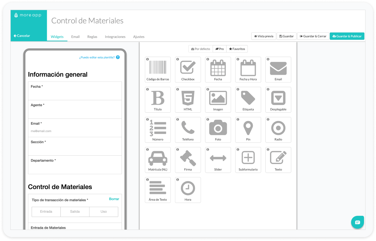 Formulario Control de Materiales MoreApp