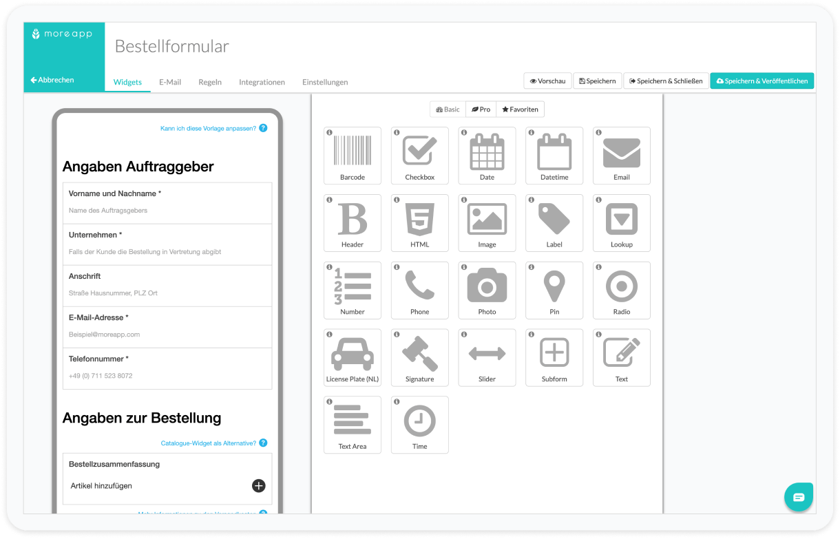 Bestellformular von MoreApp im Form Builder