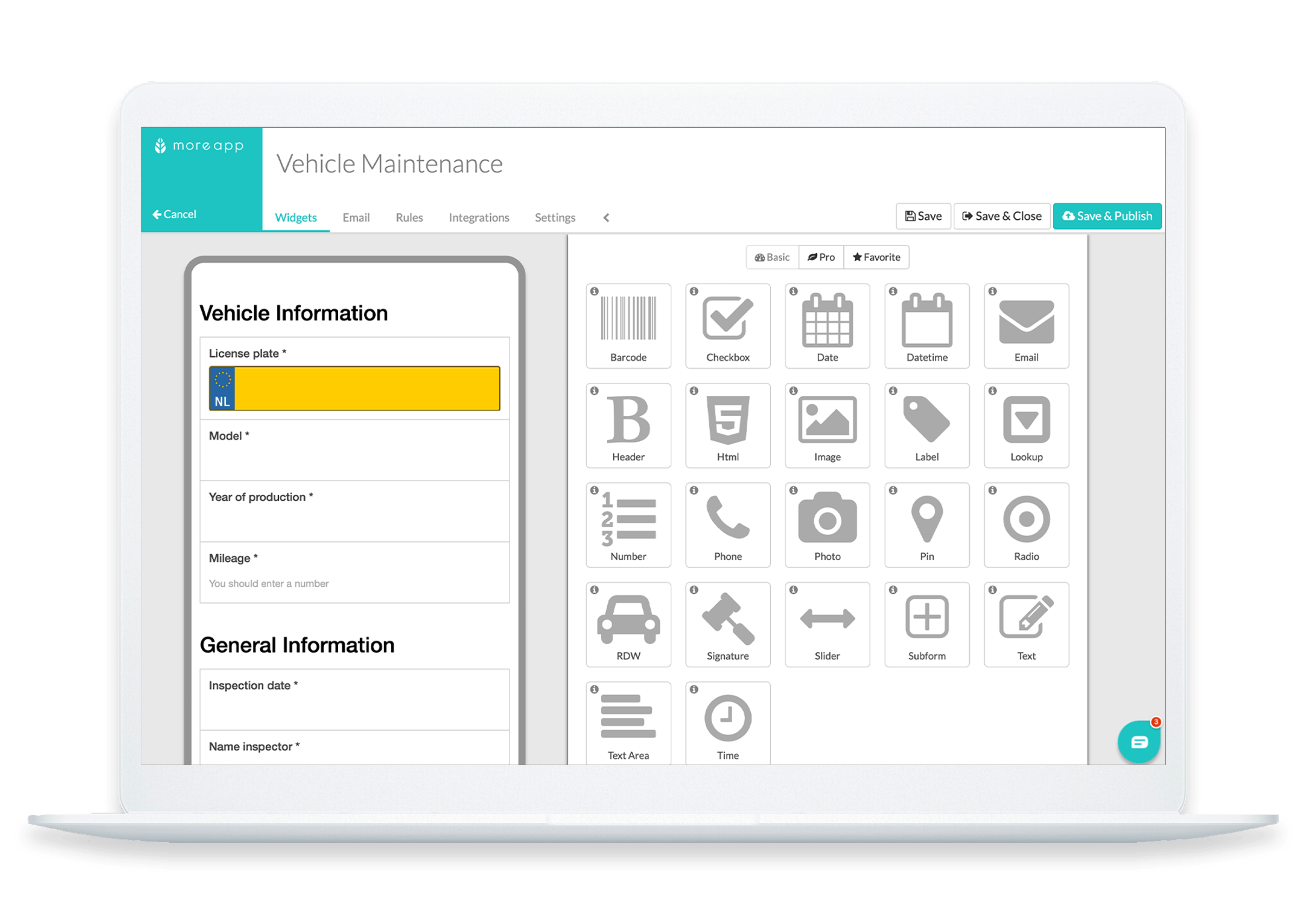 MoreApp Vehicle Maintenance form builder