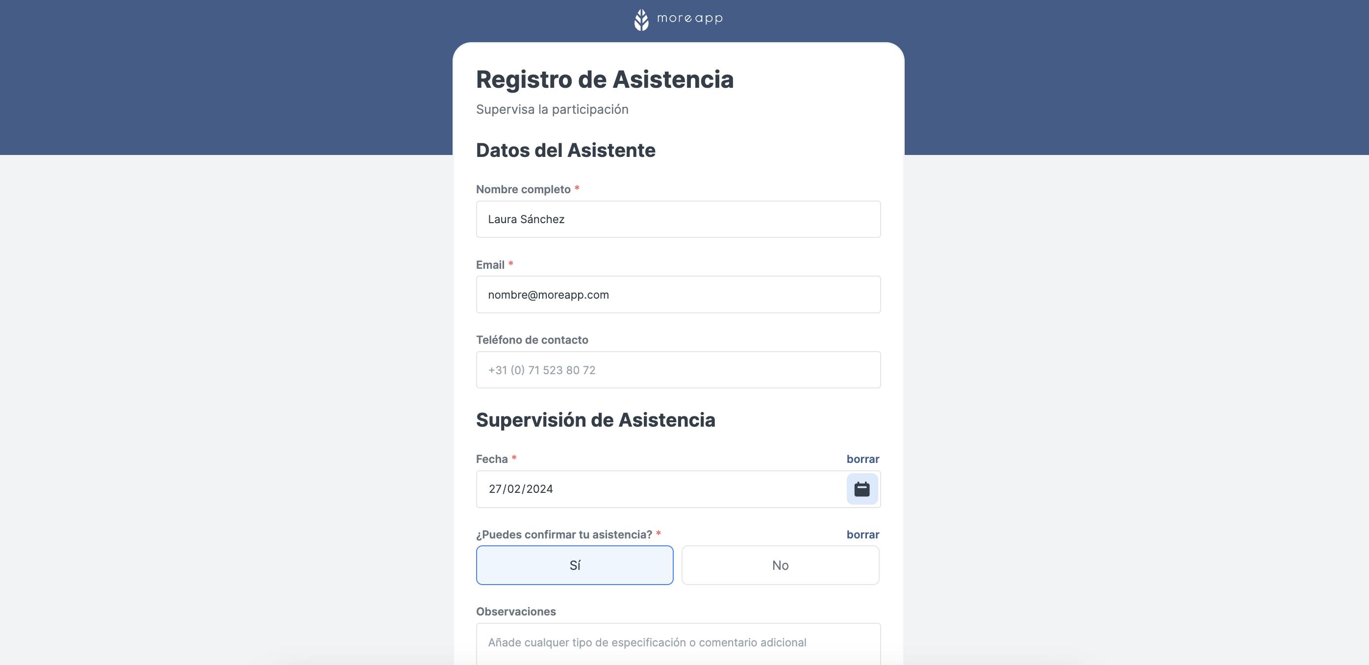 Formulario MoreApp Registro Asistencia