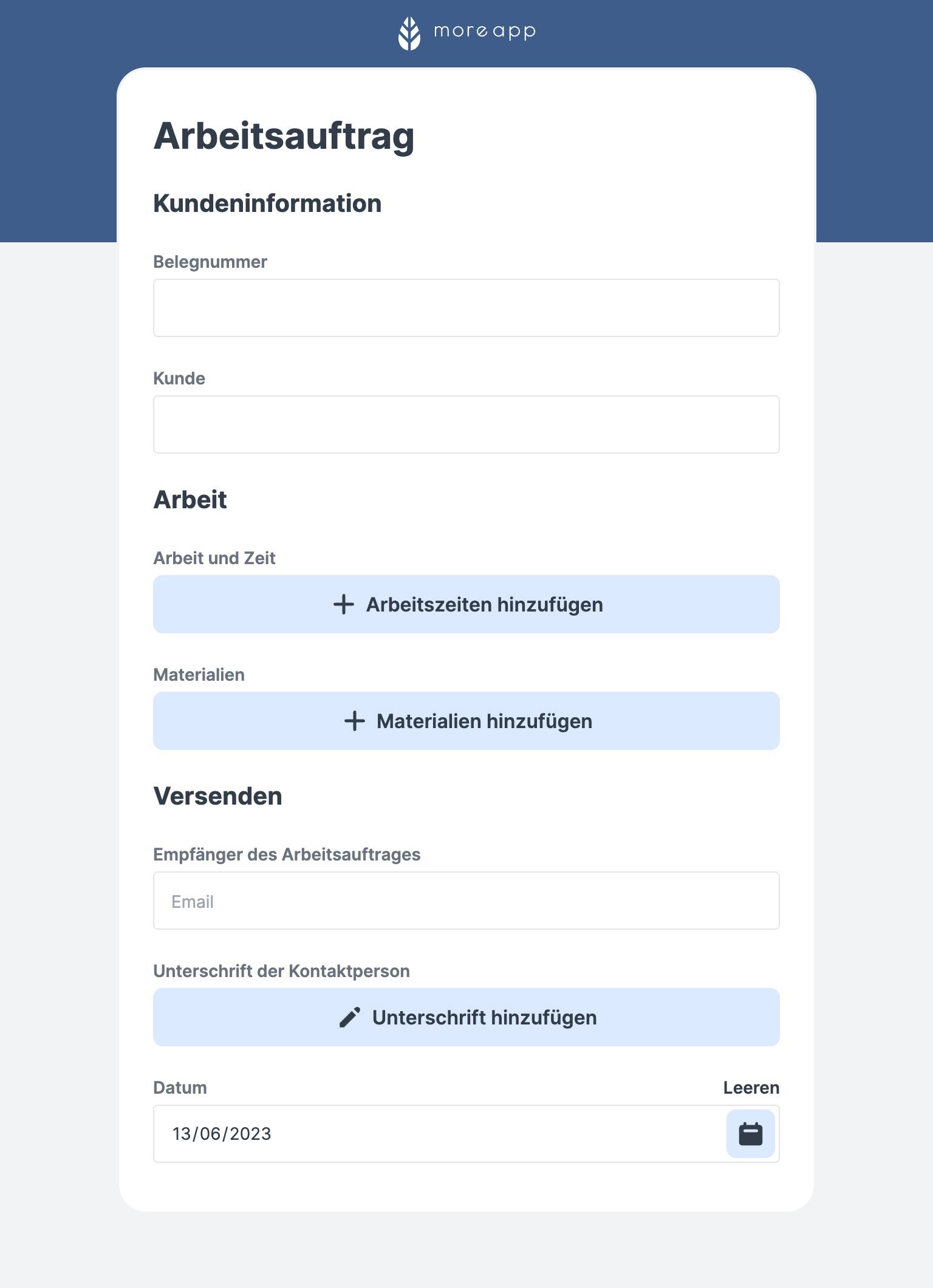 Arbeitsauftragsformular von MoreApp