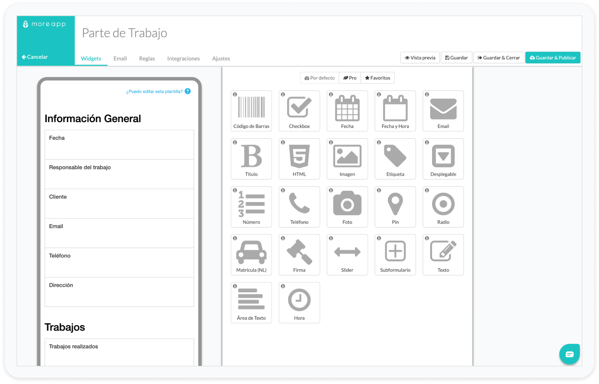 Plantilla MoreApp: Parte de Trabajo