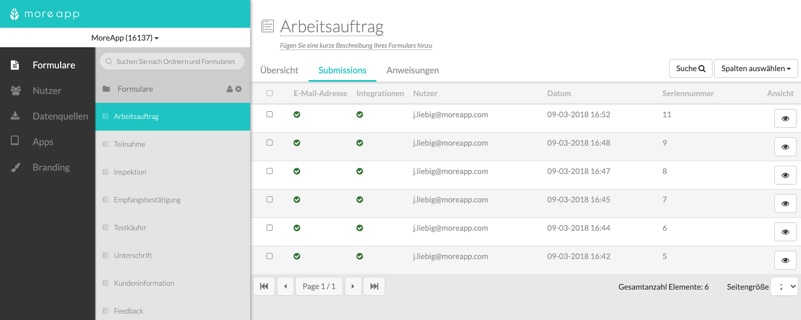 Submission-Übersicht Arbeitsauftragsformular im Formbuilder