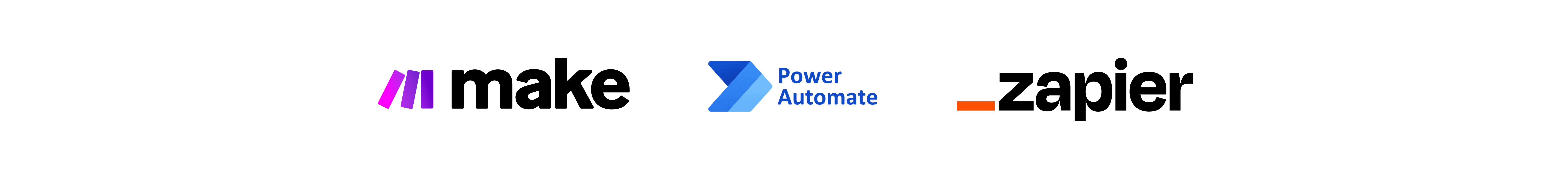 Integratie logo's Make, Power Automate, Zapier