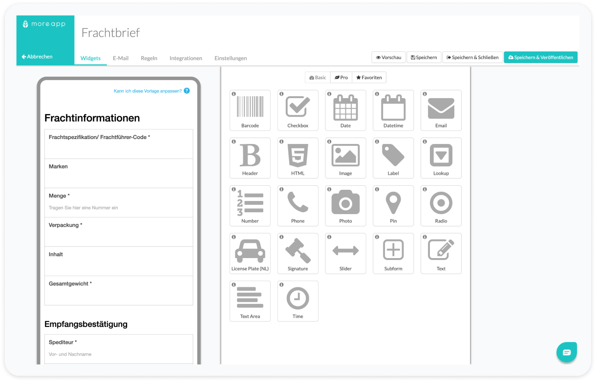 Frachtbrief Vorlage im Form Builder von MoreApp