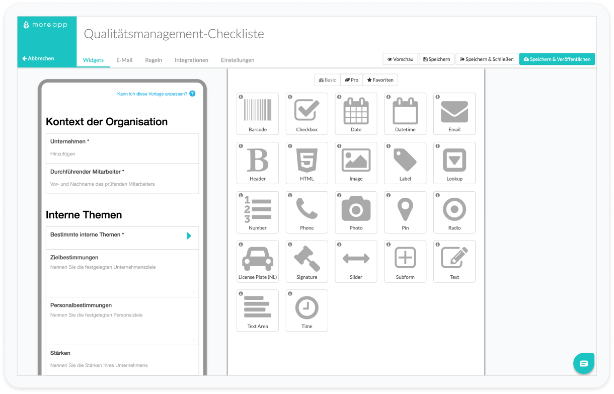 Qualitätsmanagement Vorlage im Form Builder von MoreApp