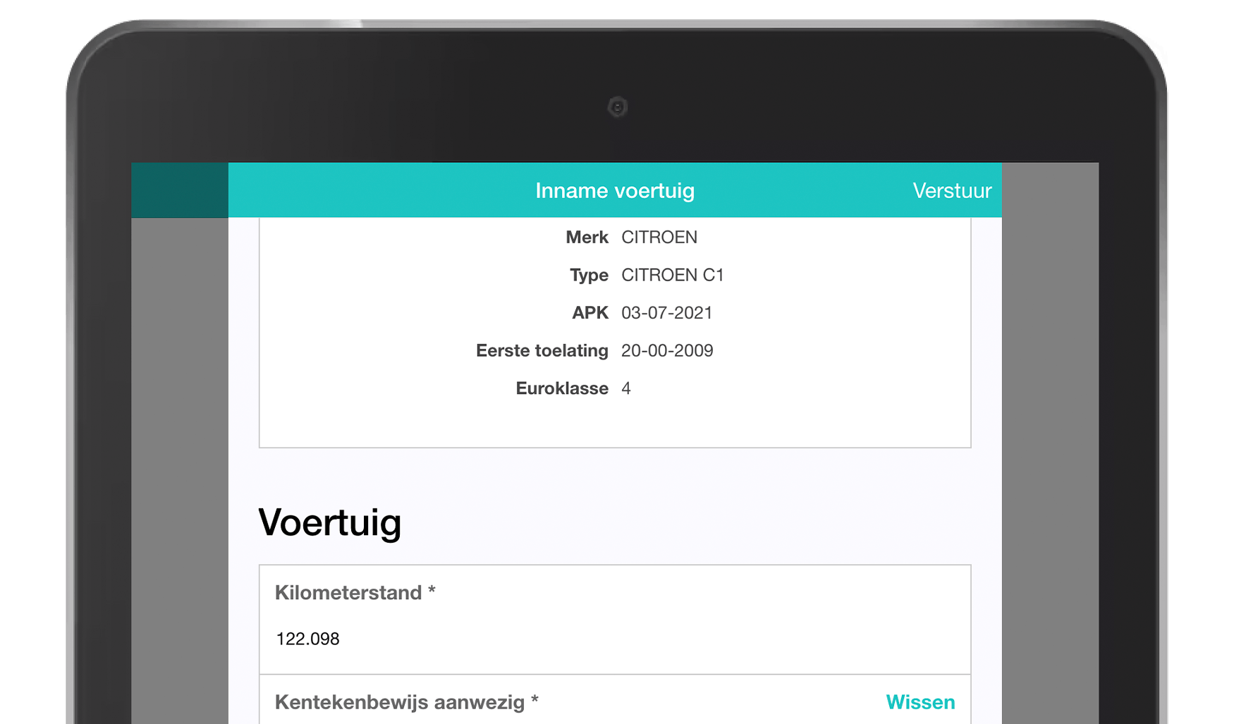 MoreApp Inname voertuig app