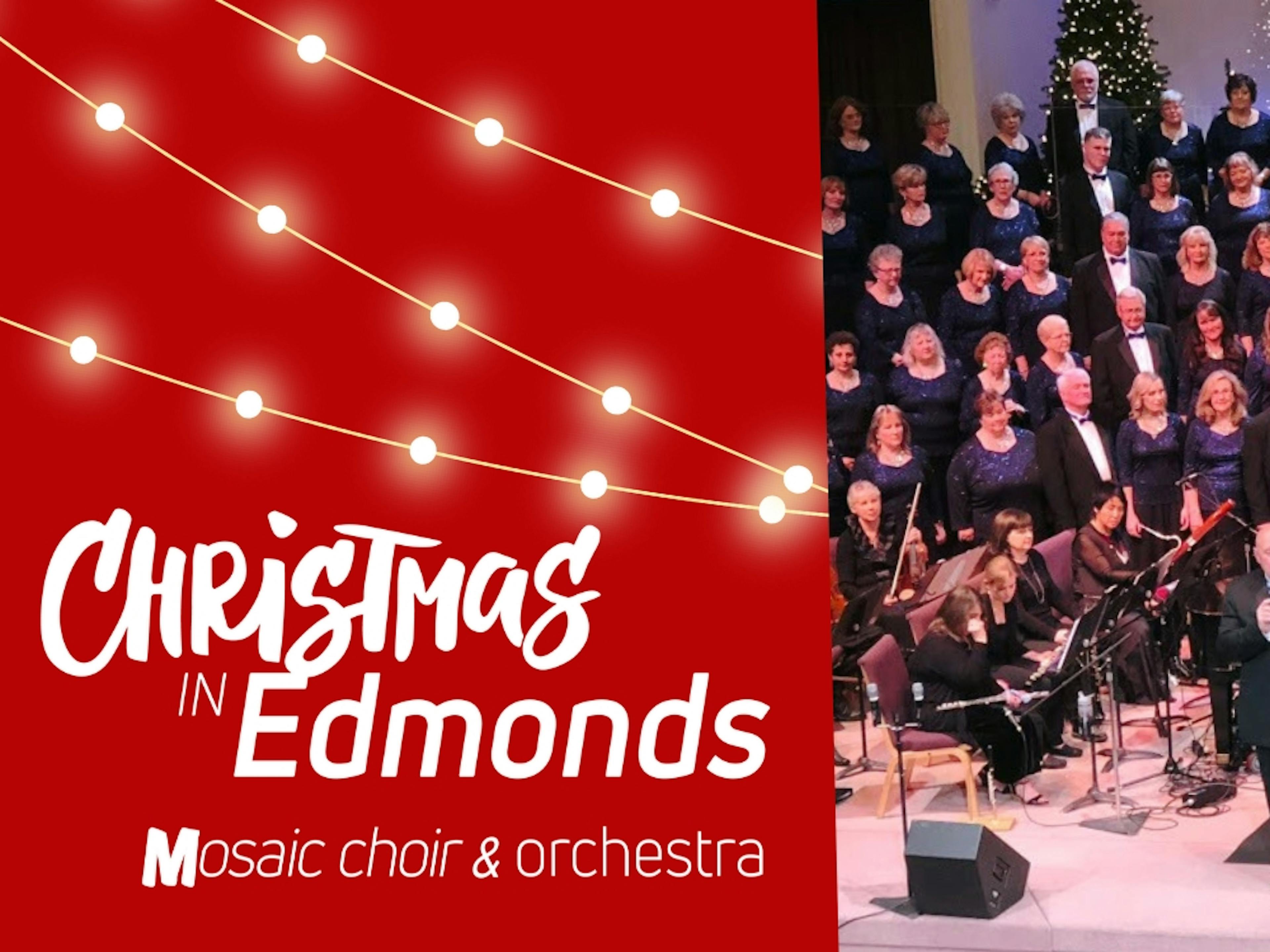 Christmas in Edmonds. Mosaic Choir performs on stage with Christmas trees.